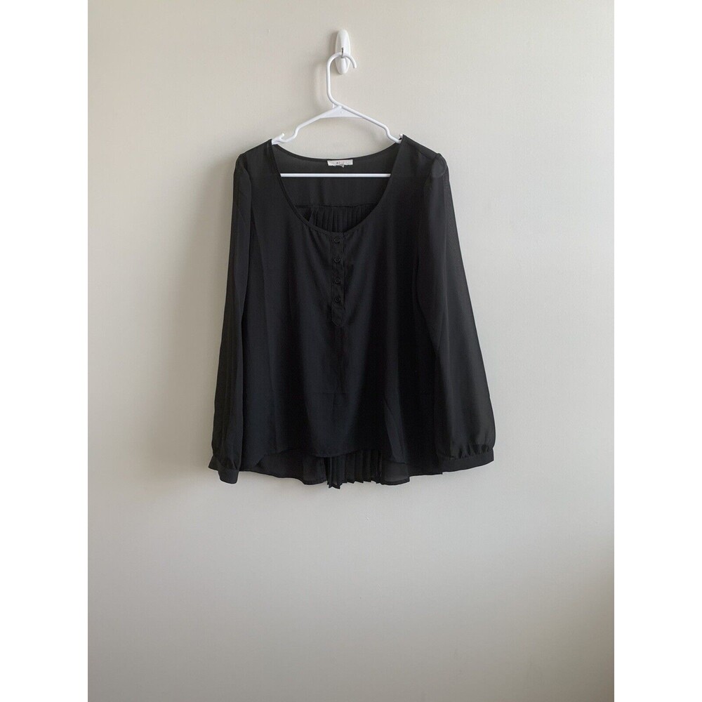 Mine Women L Flowy Sheer Black Long Sleeve Blouse Micro Pleated Back